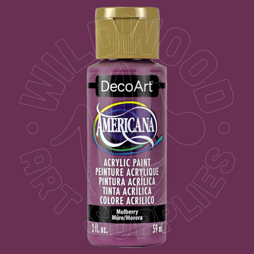A bottle of DecoArt Americana acrylic paint in the shade Mulberry Müre/Morera, featuring a purple paint visible through the clear bottle, a gold cap, and a black label with white text.