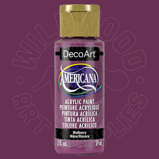 A bottle of DecoArt Americana acrylic paint in the shade Mulberry Müre/Morera, featuring a purple paint visible through the clear bottle, a gold cap, and a black label with white text.