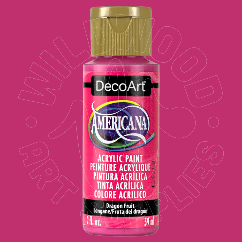 A bottle of DecoArt Americana acrylic paint in the Dragon Fruit color, featuring a bright pink label and a metallic gold cap, set against a solid magenta-pink background.