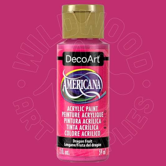 A bottle of DecoArt Americana acrylic paint in the Dragon Fruit color, featuring a bright pink label and a metallic gold cap, set against a solid magenta-pink background.