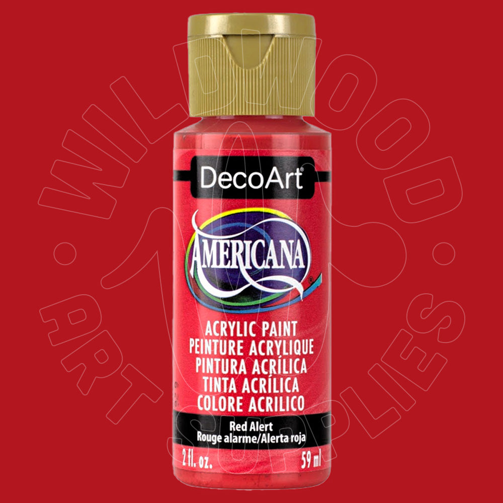 A bottle of DecoArt Americana acrylic paint in the shade Red Alert, featuring a red label and a gold cap, set against a solid red background with a faint watermark.