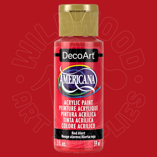 A bottle of DecoArt Americana acrylic paint in the shade Red Alert, featuring a red label and a gold cap, set against a solid red background with a faint watermark.