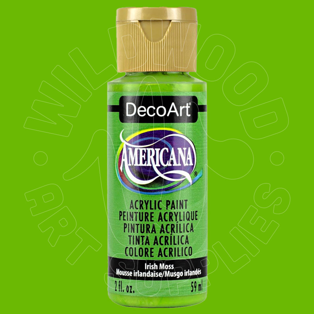 A bottle of DecoArt Americana acrylic paint in the color 'Irish Moss' (a bright green), featuring a gold cap and a black label with the DecoArt logo, set against a solid bright green background.