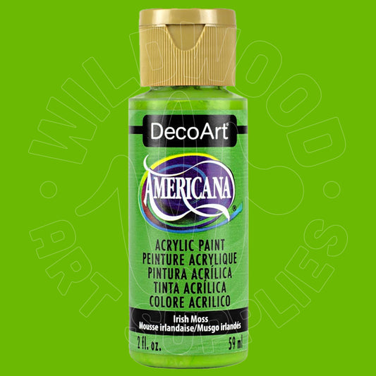A bottle of DecoArt Americana acrylic paint in the color 'Irish Moss' (a bright green), featuring a gold cap and a black label with the DecoArt logo, set against a solid bright green background.