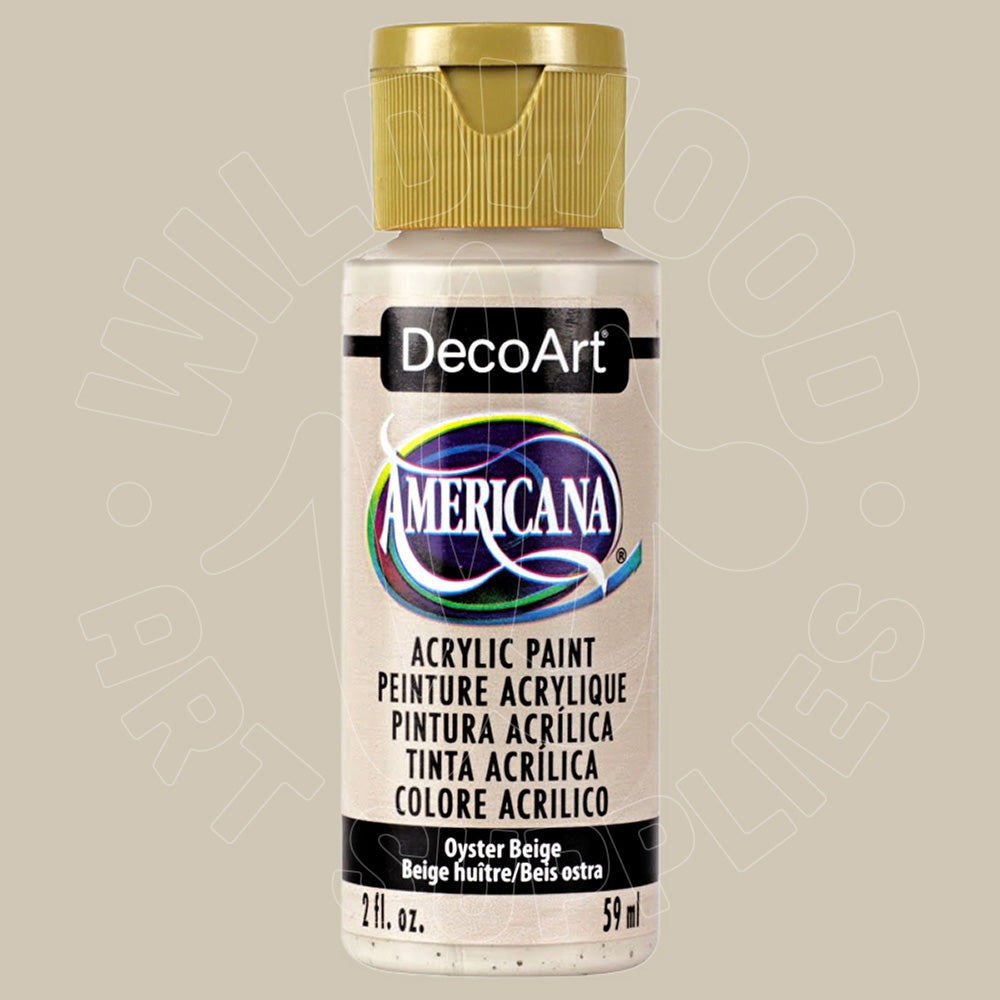 A bottle of DecoArt Americana acrylic paint in the color Oyster Beige, featuring a white bottle with a gold cap and a black label.