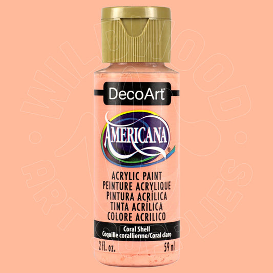A bottle of DecoArt Americana acrylic paint in the color Coral Shell, featuring a peach-colored paint visible through the clear bottle and a metallic gold cap, set against a solid peach background.