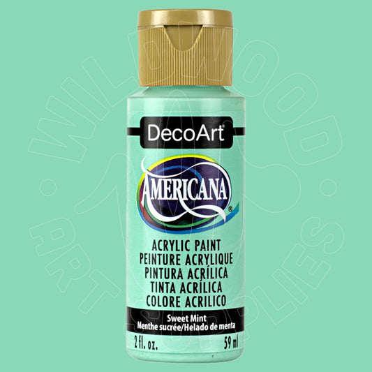 A bottle of DecoArt Americana Sweet Mint acrylic paint, 2 fl. oz.