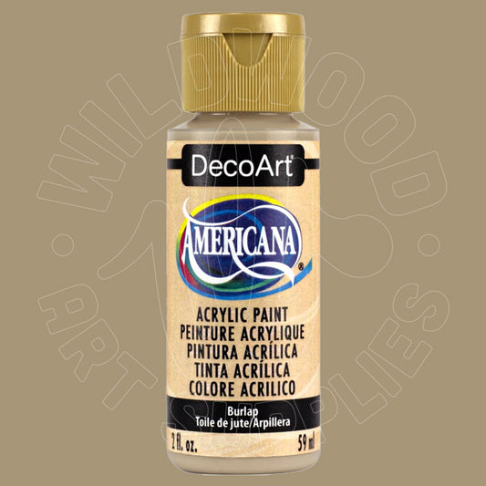 A bottle of DecoArt Americana acrylic paint in the color 'Burlap', featuring a gold cap and a beige label with the brand logo, set against a solid taupe background.