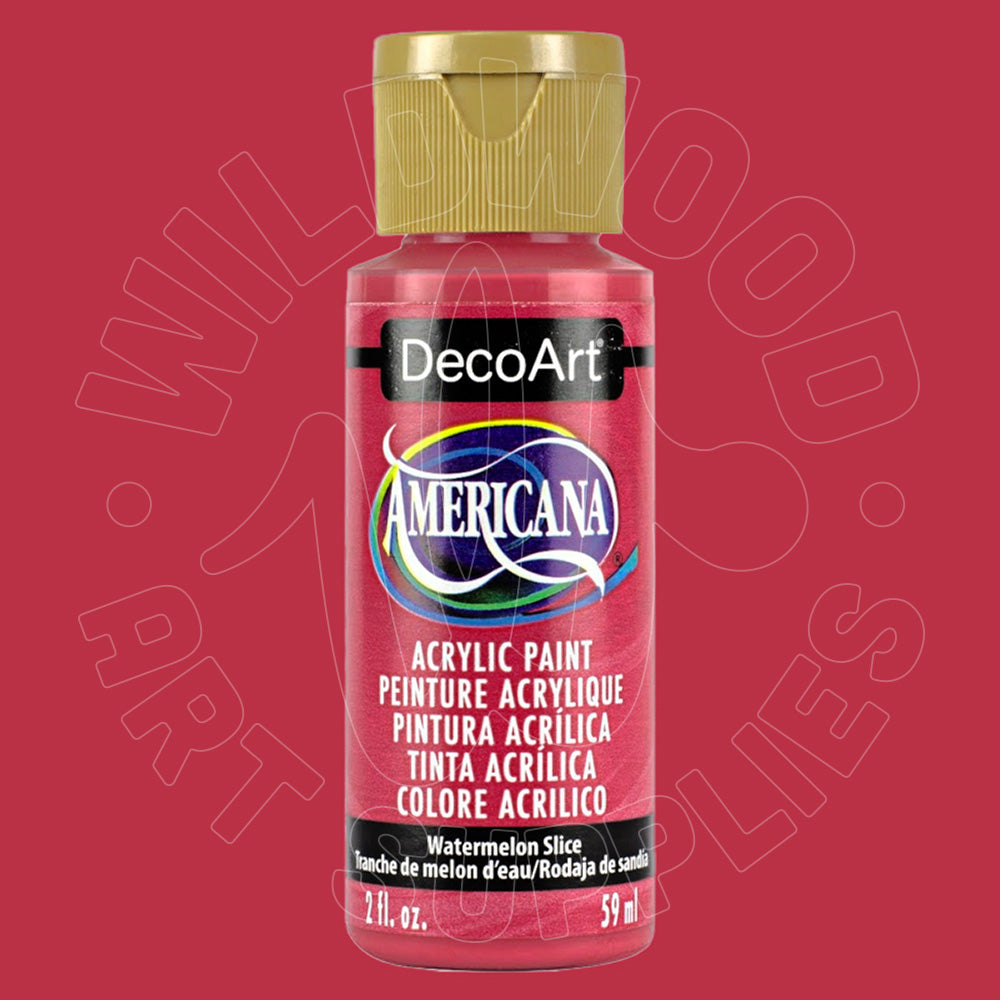 A bottle of DecoArt Americana acrylic paint in the shade Watermelon Slice, featuring a gold cap and a red label, set against a solid red background with a faint watermark.