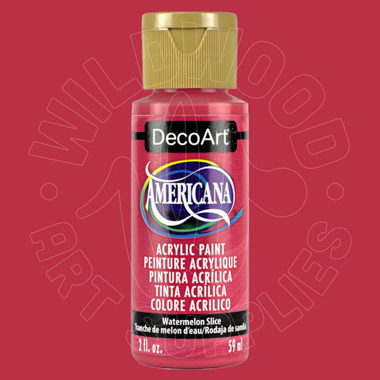 A bottle of DecoArt Americana acrylic paint in the shade Watermelon Slice, featuring a gold cap and a red label, set against a solid red background with a faint watermark.