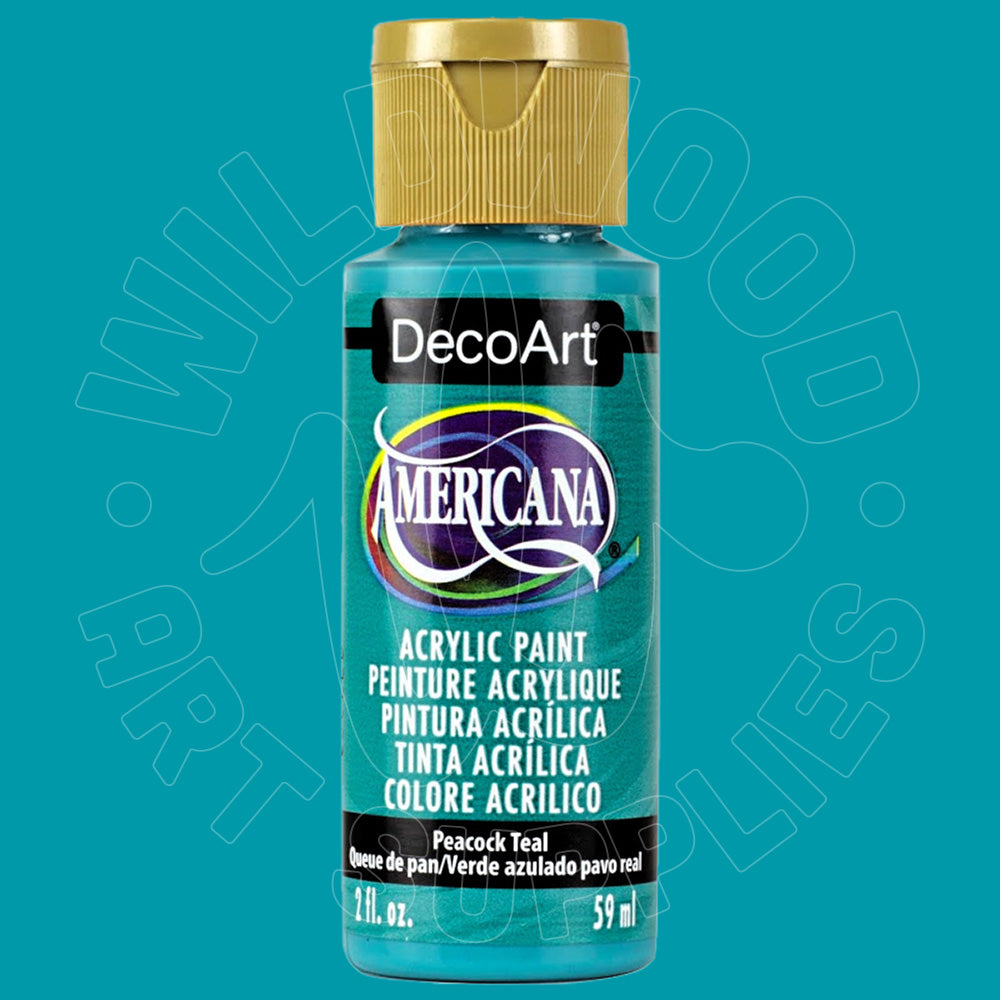 A bottle of DecoArt Americana acrylic paint in the color Peacock Teal, featuring a gold cap and a teal label, set against a solid teal background with a faint watermark.