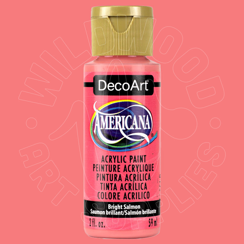 A bottle of DecoArt Americana acrylic paint in the color Bright Salmon, featuring a gold cap and a pink label, centered against a solid pink background.