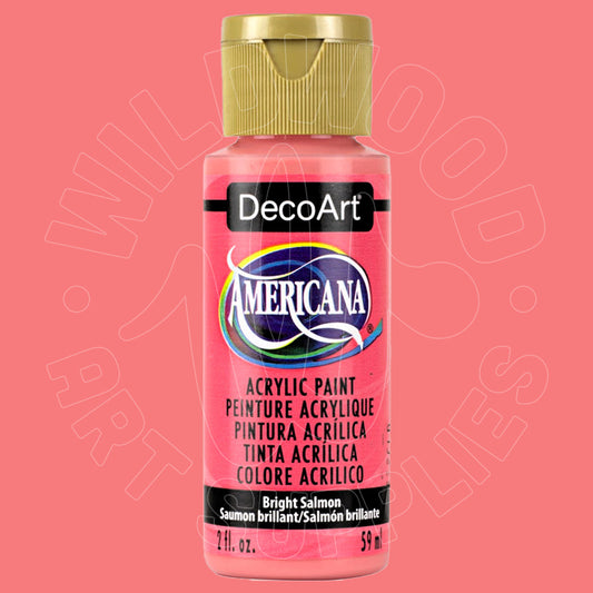 A bottle of DecoArt Americana acrylic paint in the color Bright Salmon, featuring a gold cap and a pink label, centered against a solid pink background.