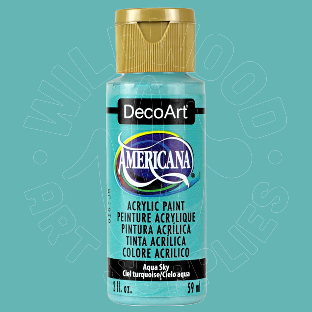 A bottle of DecoArt Americana acrylic paint in Aqua Sky, featuring a turquoise-blue gel paint inside, a gold cap, and a black label with white and blue branding, set against a solid teal background.
