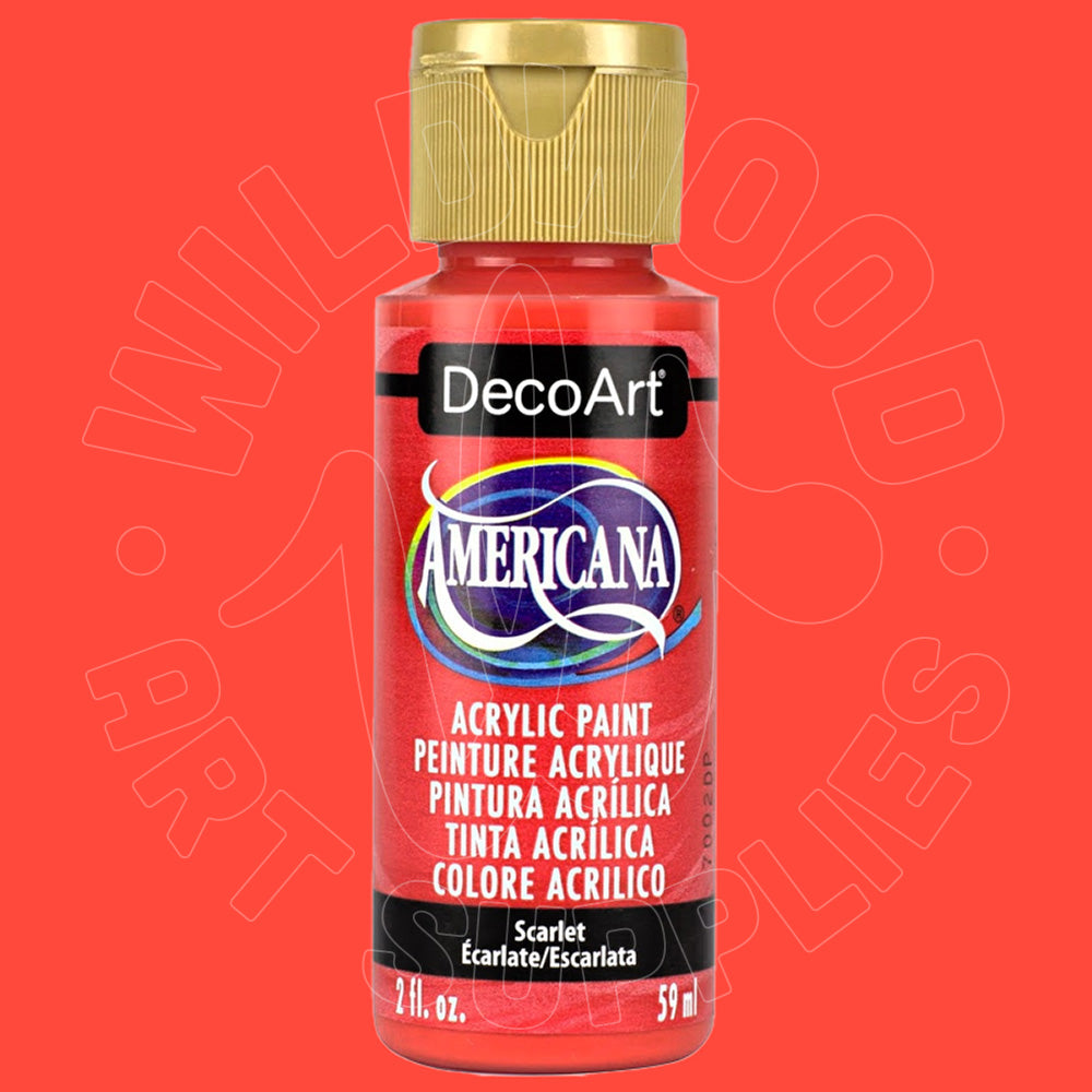 A bottle of DecoArt Americana acrylic paint in the shade Scarlet, featuring a red body, a gold cap, and a white and blue logo on a red background.
