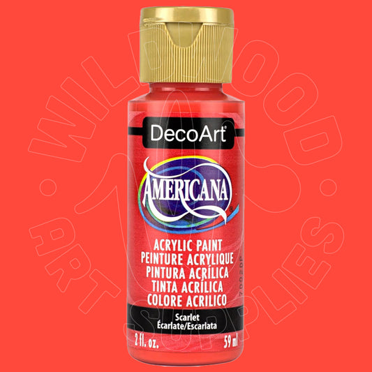A bottle of DecoArt Americana acrylic paint in the shade Scarlet, featuring a red body, a gold cap, and a white and blue logo on a red background.
