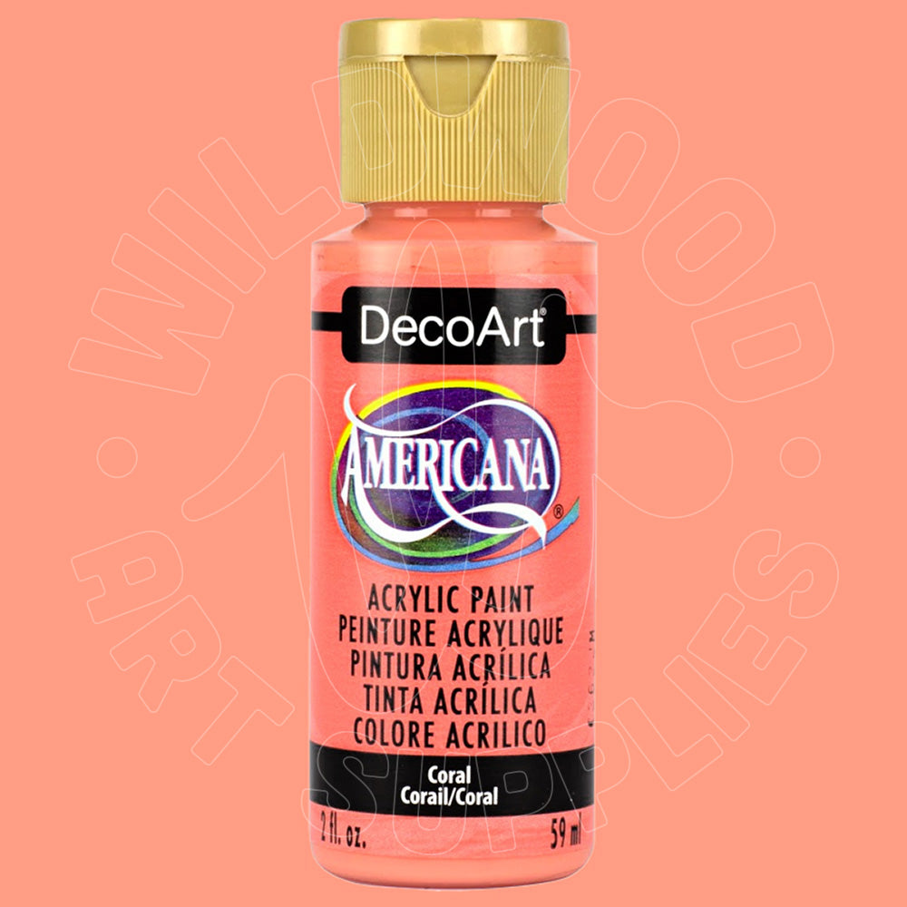 A bottle of DecoArt Americana acrylic paint in the Coral color, featuring a gold cap and a black label with the brand logo, set against a solid coral background.