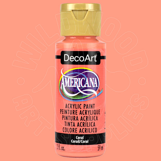 A bottle of DecoArt Americana acrylic paint in the Coral color, featuring a gold cap and a black label with the brand logo, set against a solid coral background.