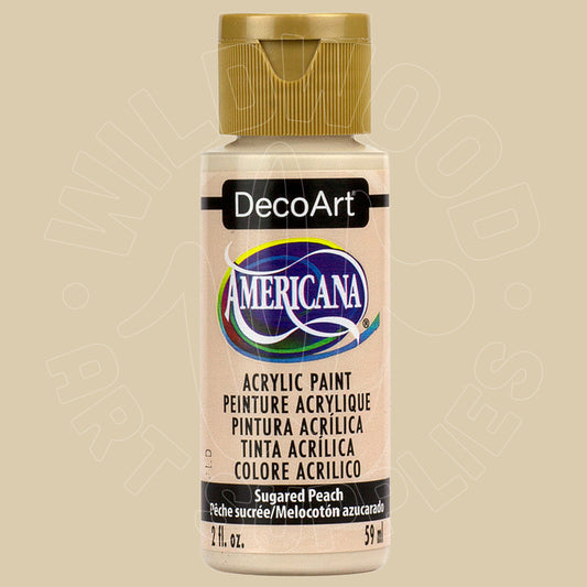 A bottle of DecoArt Americana acrylic paint in the color 'Sugared Peach', featuring a gold cap and a beige label with a blue and yellow logo, set against a solid beige background.