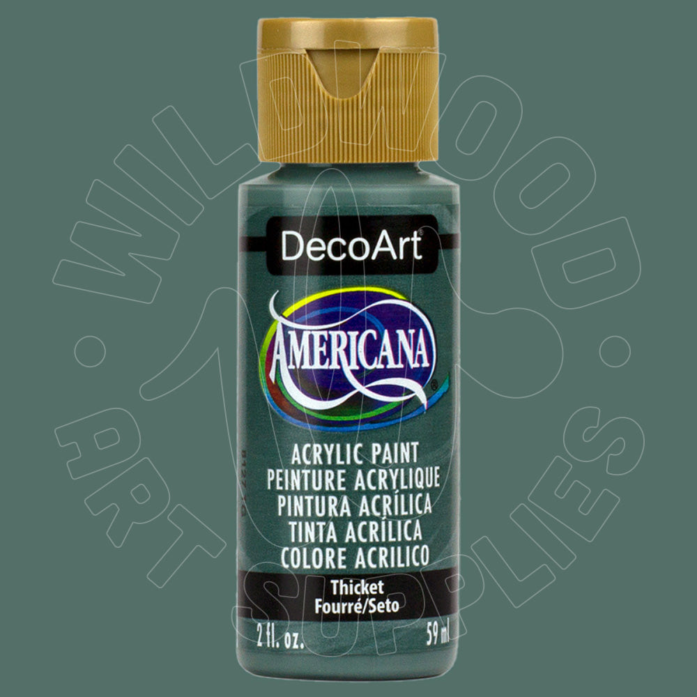 A bottle of DecoArt Americana acrylic paint in Thickel, featuring a metallic gold cap and a dark teal-green label, shown against a solid dark green background with a faint watermark.