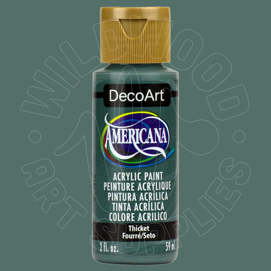 A bottle of DecoArt Americana acrylic paint in Thickel, featuring a metallic gold cap and a dark teal-green label, shown against a solid dark green background with a faint watermark.