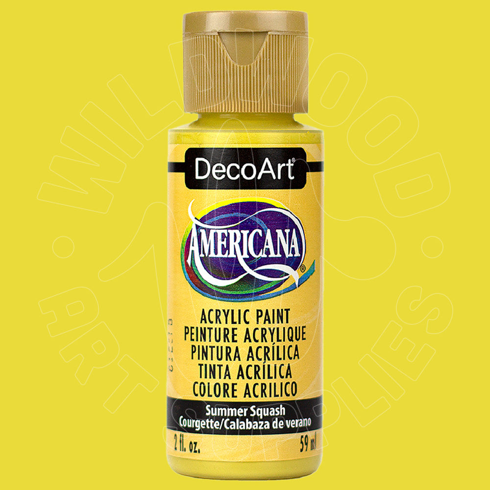 A bottle of DecoArt Americana acrylic paint in the color 'Summer Squash' (corvette/calabaza de verano), featuring a bright yellow label and a metallic gold cap, set against a solid yellow background.