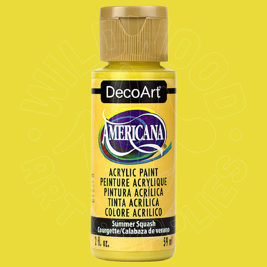 A bottle of DecoArt Americana acrylic paint in the color 'Summer Squash' (corvette/calabaza de verano), featuring a bright yellow label and a metallic gold cap, set against a solid yellow background.
