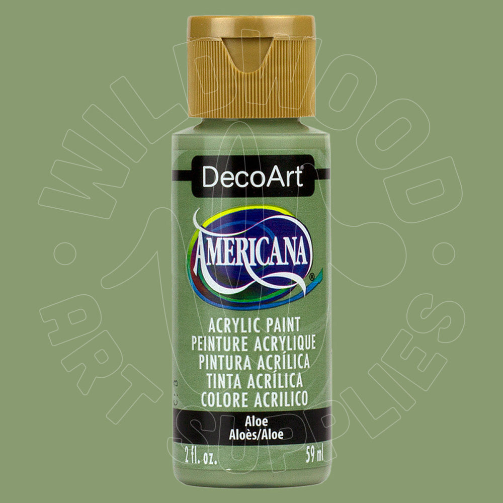 A bottle of DecoArt Americana acrylic paint in the color 'Aloe', featuring a light green body, a gold cap, and a black label with white text, set against a solid sage green background.