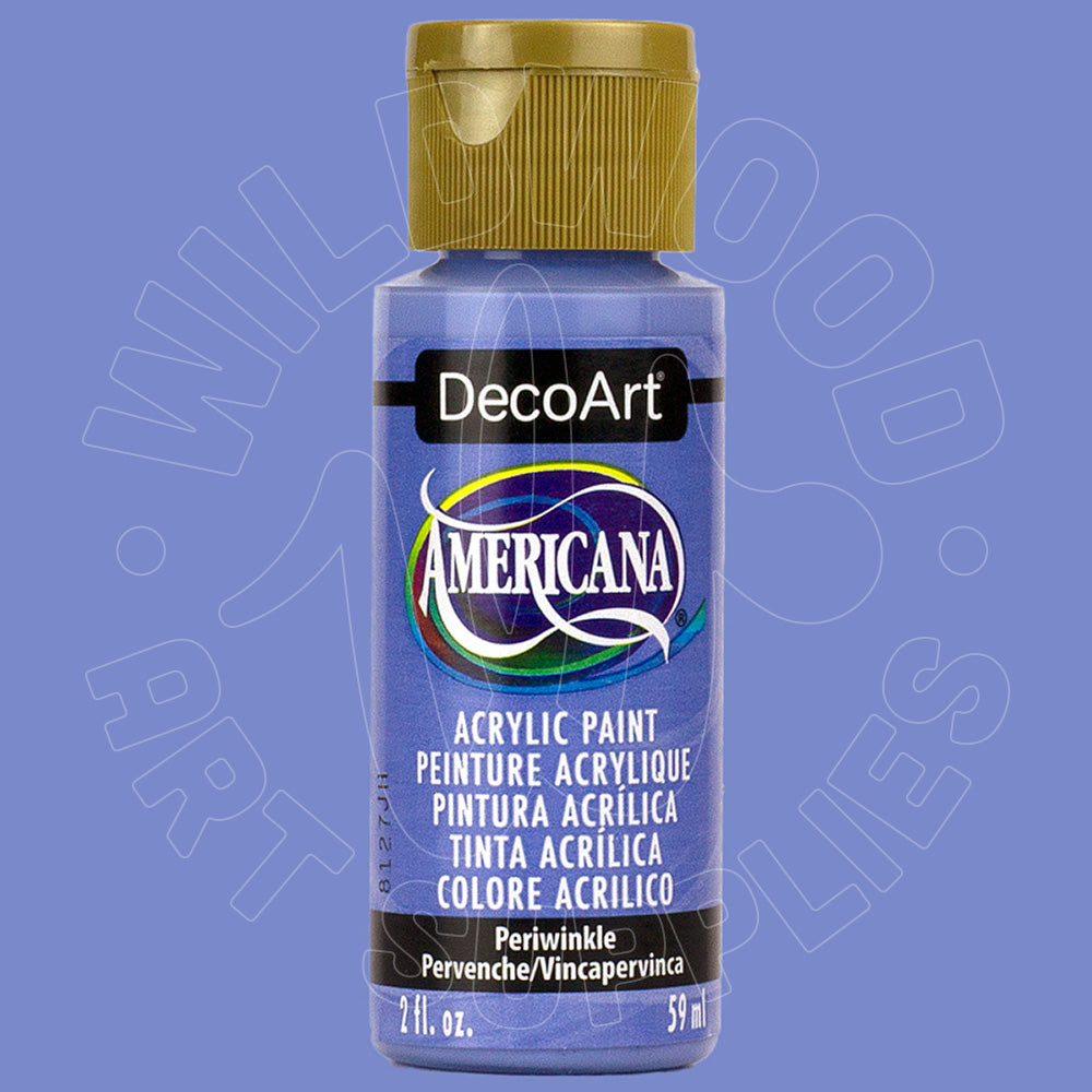 A bottle of DecoArt Americana acrylic paint in the shade Periwinkle, featuring a lavender-blue label and a metallic gold cap, set against a solid lavender-blue background.