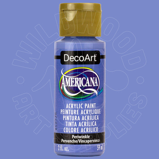 A bottle of DecoArt Americana acrylic paint in the shade Periwinkle, featuring a lavender-blue label and a metallic gold cap, set against a solid lavender-blue background.