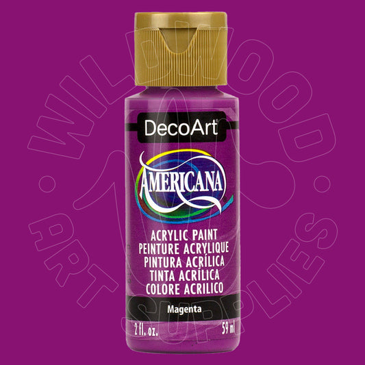 A bottle of DecoArt Americana acrylic paint in the shade Magenta, featuring a gold cap and a purple label, set against a solid purple background with a faint watermark.