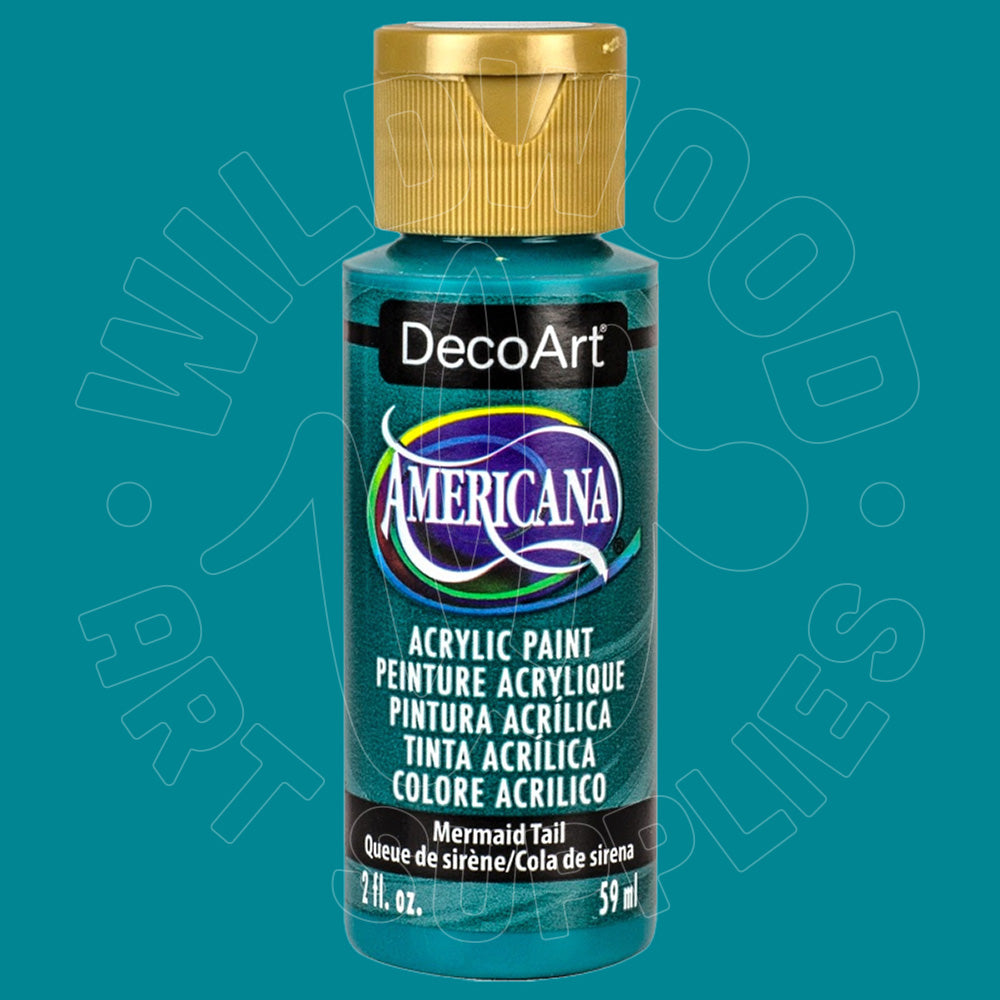 A bottle of DecoArt Americana acrylic paint in the shade Mermaid Tail, featuring a metallic teal-green paint, a black label, and a gold cap, set against a solid teal background with a faint watermark.