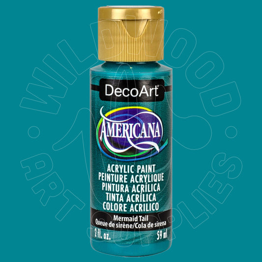 A bottle of DecoArt Americana acrylic paint in the shade Mermaid Tail, featuring a metallic teal-green paint, a black label, and a gold cap, set against a solid teal background with a faint watermark.