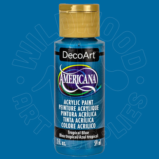 A bottle of DecoArt Americana acrylic paint in the color Tropical Blue, featuring a metallic blue label and a gold cap, set against a solid blue background with a faint watermark.