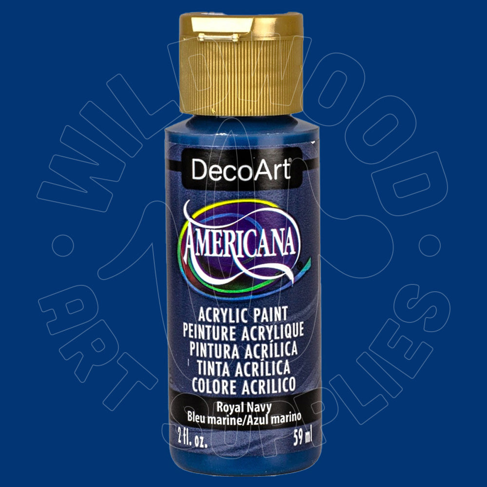 A bottle of DecoArt Americana acrylic paint in the color Royal Navy, featuring a gold cap and a dark blue label, set against a solid blue background with a faint watermark.
