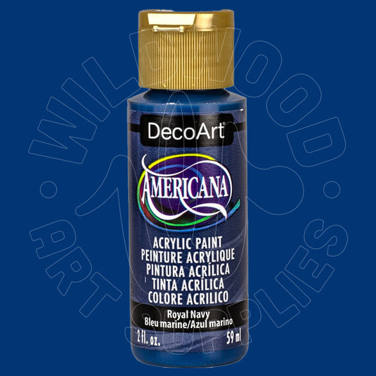 A bottle of DecoArt Americana acrylic paint in the color Royal Navy, featuring a gold cap and a dark blue label, set against a solid blue background with a faint watermark.