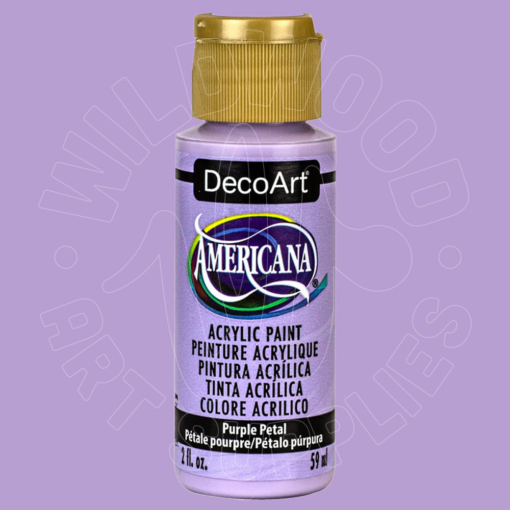 A bottle of DecoArt Americana acrylic paint in the Purple Petal color, featuring a lavender-purple body, a gold cap, and a black and white label.