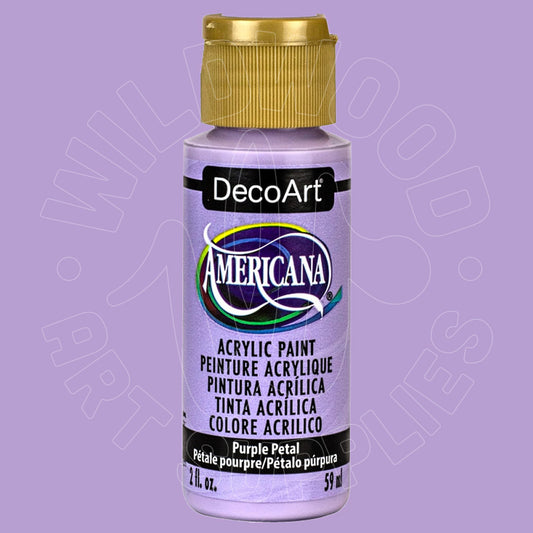 A bottle of DecoArt Americana acrylic paint in the Purple Petal color, featuring a lavender-purple body, a gold cap, and a black and white label.