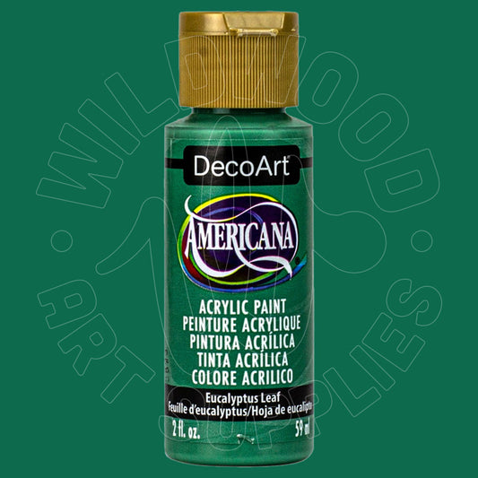 A bottle of DecoArt Americana acrylic paint in the color Eucalyptus Leaf, featuring a metallic green label and a gold cap, set against a solid green background with a faint watermark.