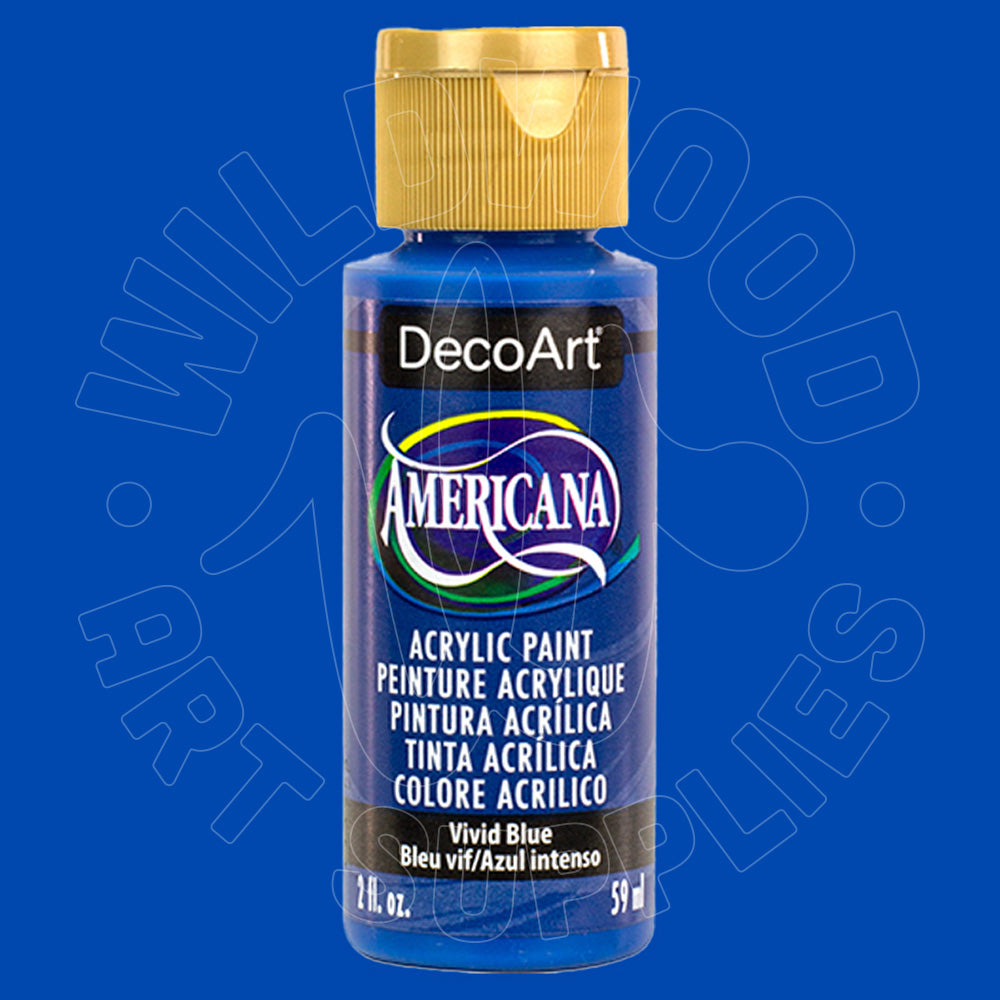 A bottle of DecoArt Americana Vivid Blue acrylic paint with a gold cap, centered on a solid blue background with a faint watermark.