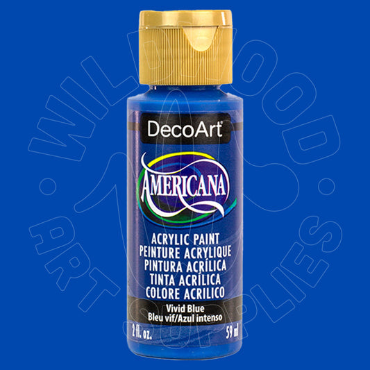 A bottle of DecoArt Americana Vivid Blue acrylic paint with a gold cap, centered on a solid blue background with a faint watermark.