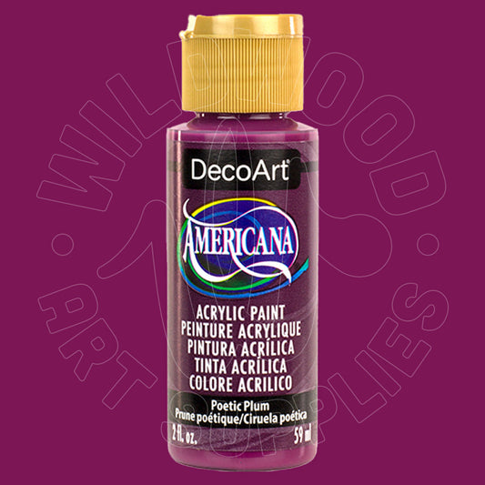 A bottle of DecoArt Americana acrylic paint in the color 'Poetic Plum', featuring a gold cap and a black label with a purple and blue logo, set against a solid plum-colored background.