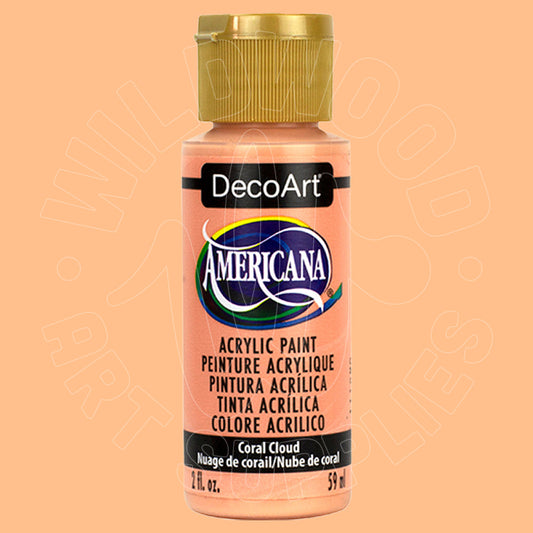 A bottle of DecoArt Americana acrylic paint in the shade Coral Cloud, featuring a peach-colored paint inside and a gold cap, set against a matching peach background.