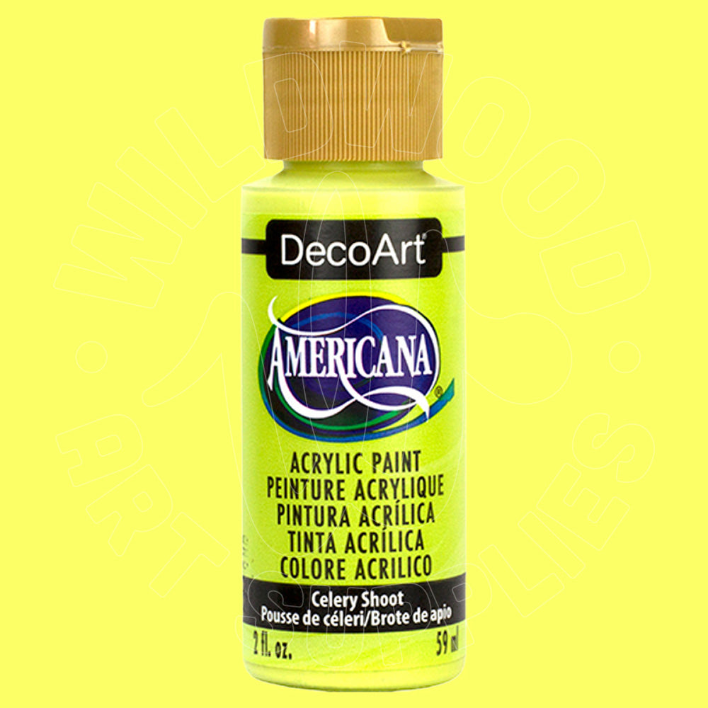 A bottle of DecoArt Americana acrylic paint in Celery Shoot, featuring a bright yellow-green paint color with a gold cap, set against a solid yellow-green background.