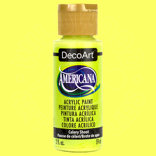 A bottle of DecoArt Americana acrylic paint in Celery Shoot, featuring a bright yellow-green paint color with a gold cap, set against a solid yellow-green background.