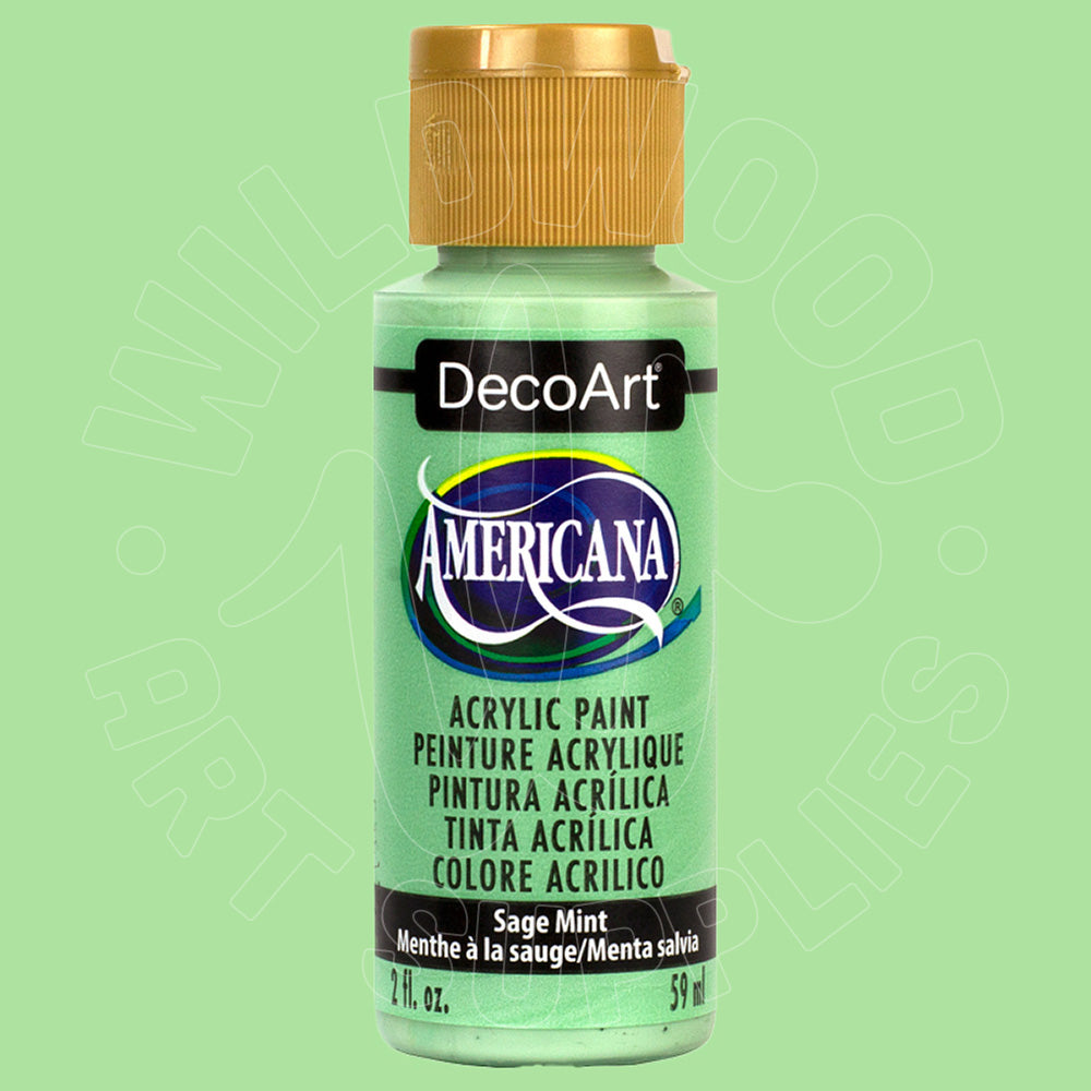 A bottle of DecoArt Americana acrylic paint in the shade Sage Mint, featuring a light green label and a gold cap, set against a solid light green background.