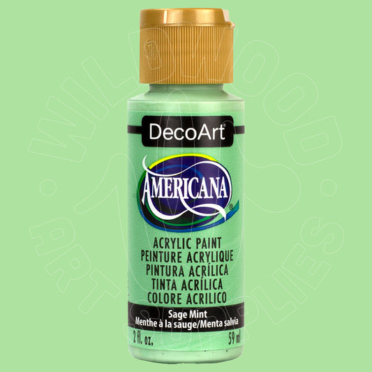 A bottle of DecoArt Americana acrylic paint in the shade Sage Mint, featuring a light green label and a gold cap, set against a solid light green background.