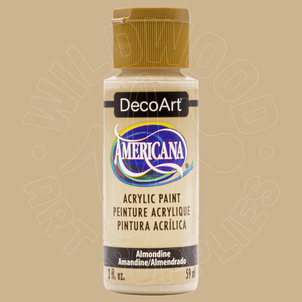 A bottle of DecoArt Americana acrylic paint in the Almondine color, featuring a beige body, a gold cap, and a white label with blue and yellow accents, set against a solid beige background.