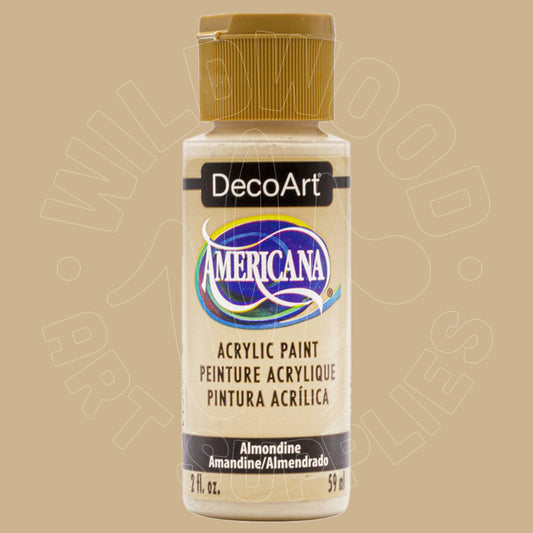 A bottle of DecoArt Americana acrylic paint in the Almondine color, featuring a beige body, a gold cap, and a white label with blue and yellow accents, set against a solid beige background.