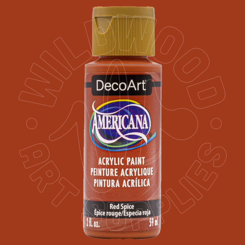 A bottle of DecoArt Americana acrylic paint in the 'Red Spice' color, featuring a gold cap and a black label with white text, set against a solid reddish-brown background.